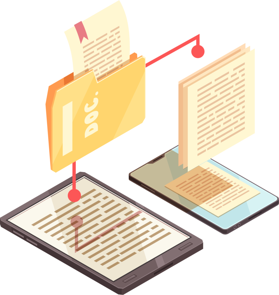 Icon: document transfer from tablet to phone.